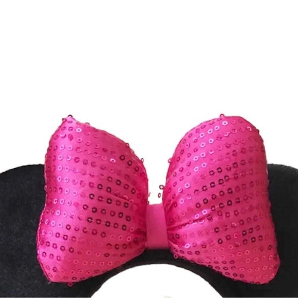 Minnie Mouse Ear Headband Fuchsia Sparkle Shimmer Sequins Puffed Bows - Picture 2 of 4